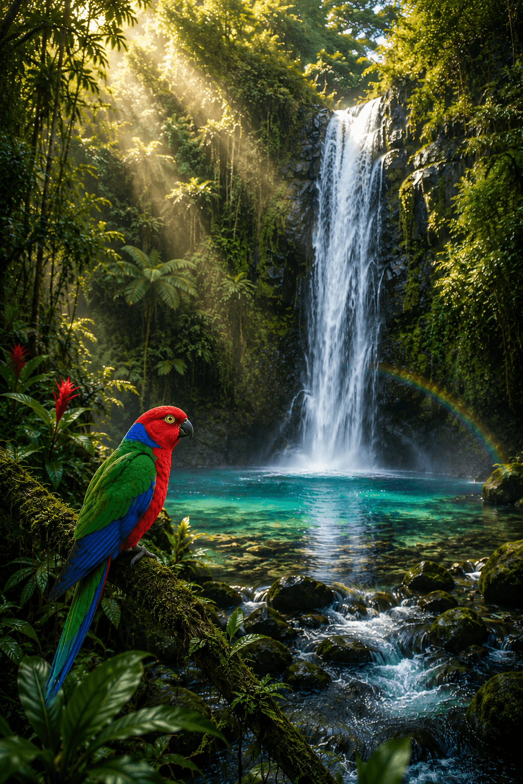 The Kadavu Parrot in its natural habitat, showing crimson, green and blue plumage